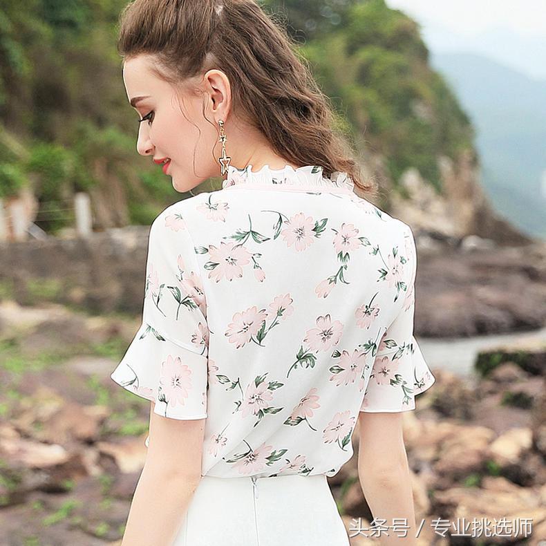 长袖雪纺衫上衣碎花时尚荷叶边,方领碎花雪纺衫荷叶边绑带短袖