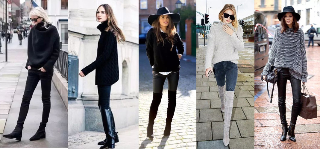 粗棒针毛衣宽松慵懒风搭配,拯救圆领粗针织毛衣穿搭