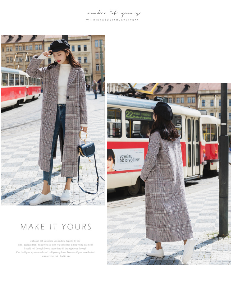 长款毛呢女外套，千鸟格加厚呢子大衣