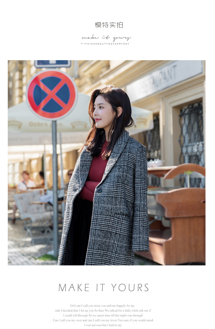 长款毛呢女外套，千鸟格加厚呢子大衣