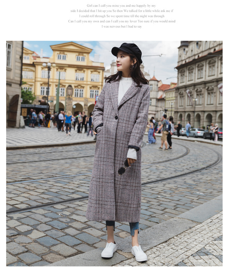 长款毛呢女外套，千鸟格加厚呢子大衣