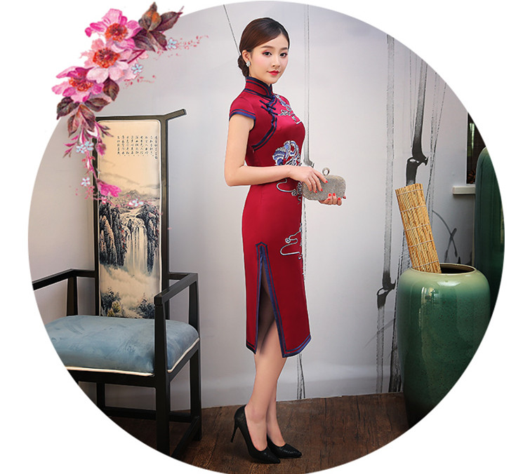 传统中式复古中长款优雅旗袍,中国风桑蚕丝复古高端旗袍