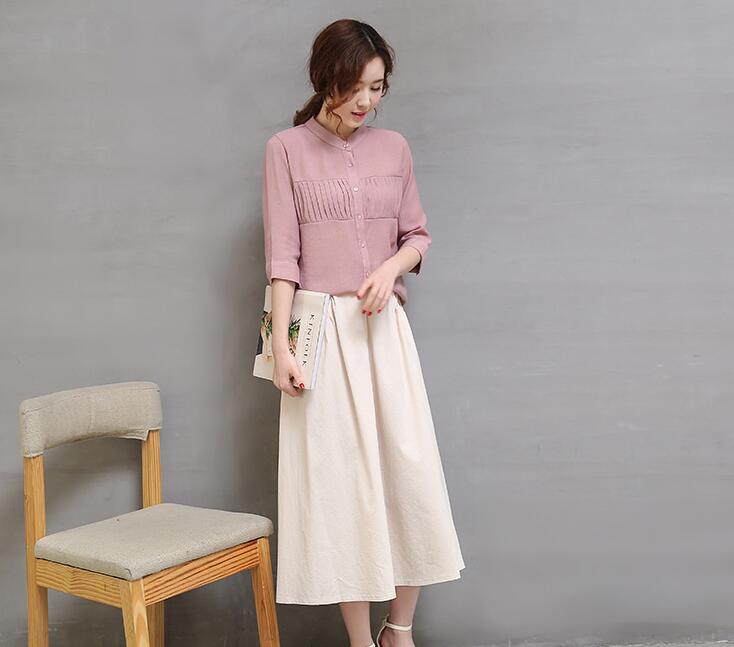 散发强大女神气场，让人过目不忘的棉麻立领中长裙套装