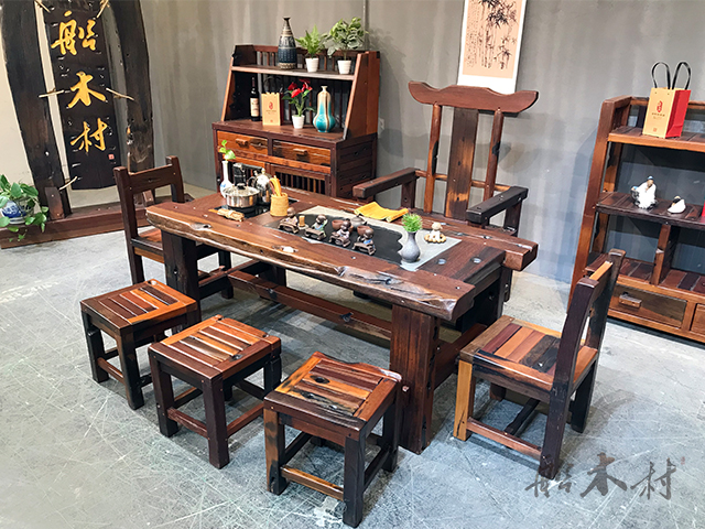 老船木茶桌椅组合现代简约茶几,原生态老船木茶几家用