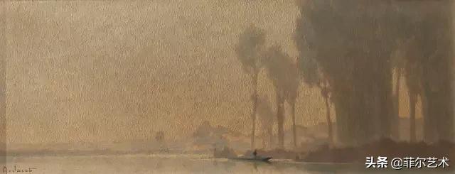 极简油画金色麦田和山,以红蓝为基调的风景油画