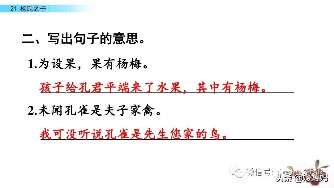 部编版五年级语文21杨氏之子教案,五年级下册语文21课杨氏之子笔记