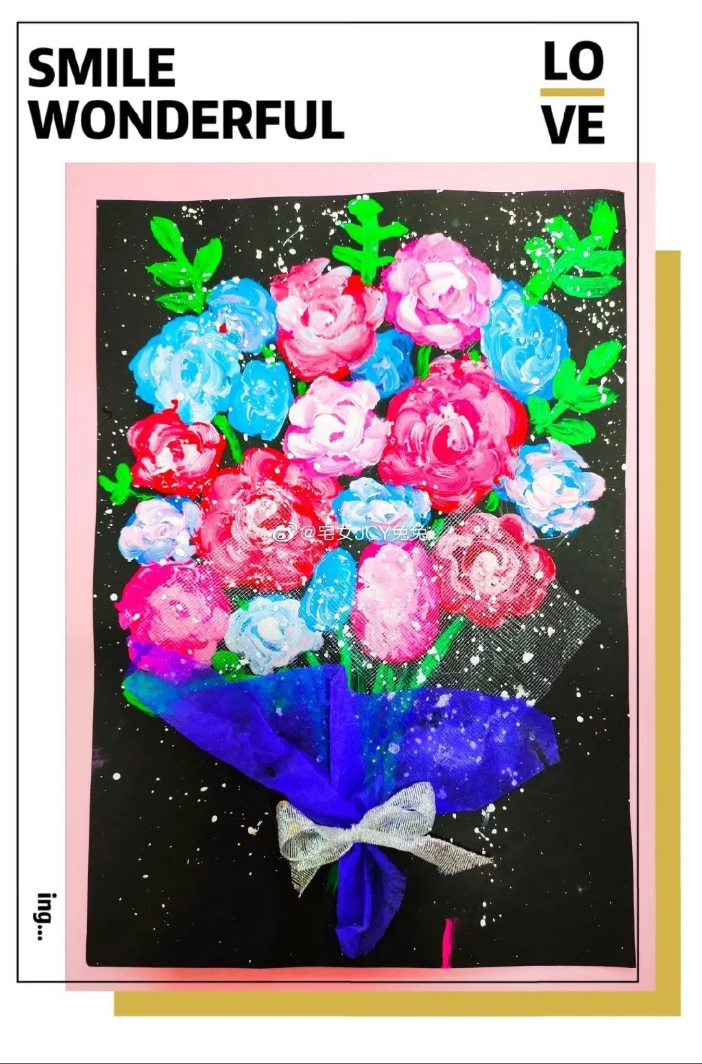 儿童绘画花束创意画,感恩节手工作品花束模版片头片尾