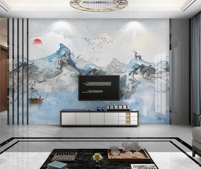 新中式石材背景墙效果图,新中式灰色瓷砖乳胶漆电视背景墙