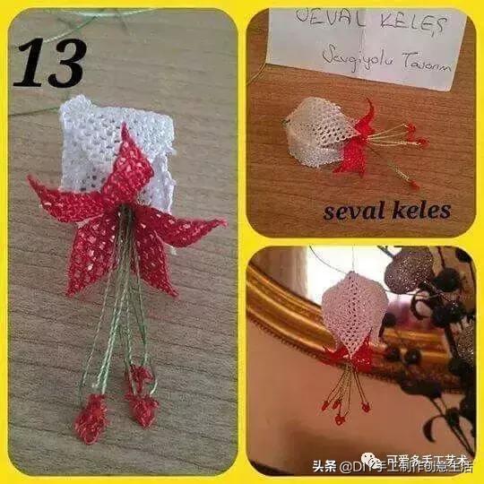 只是用针穿上了线不断绕圈打结,做出来的仿真花竟然比钩的还好看