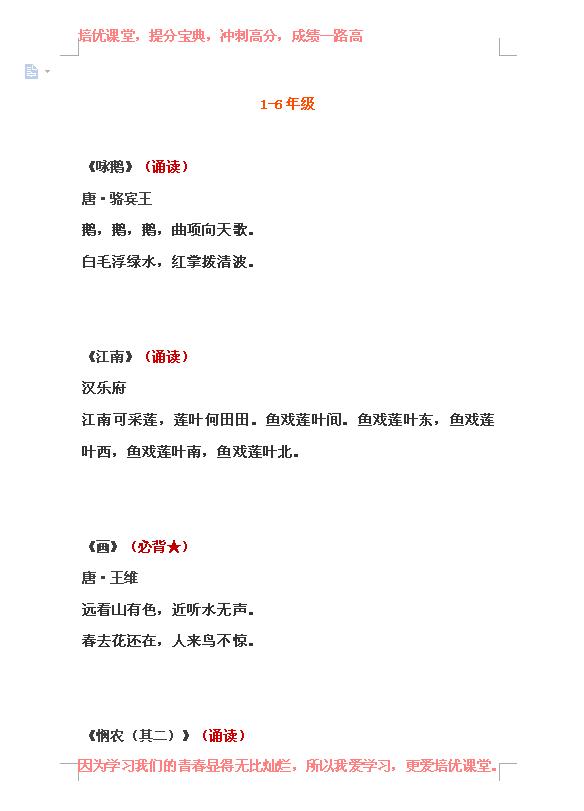 小学必背129首古诗词,小学阶段必背古诗词75首分年级