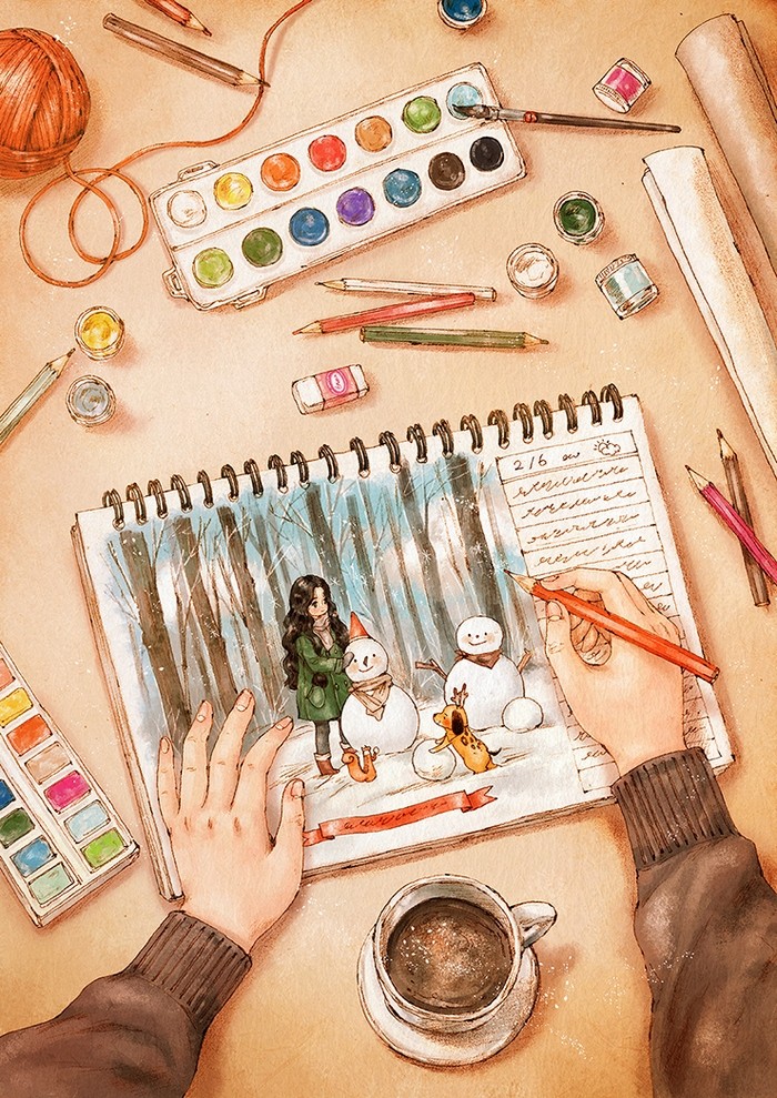 韩国森林女孩冬季插画 (手绘插画森林少女背影图片)