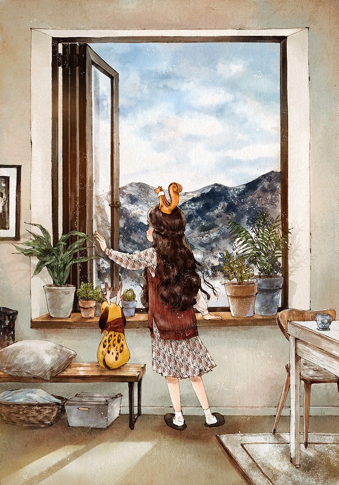 韩国森林女孩冬季插画 (手绘插画森林少女背影图片)