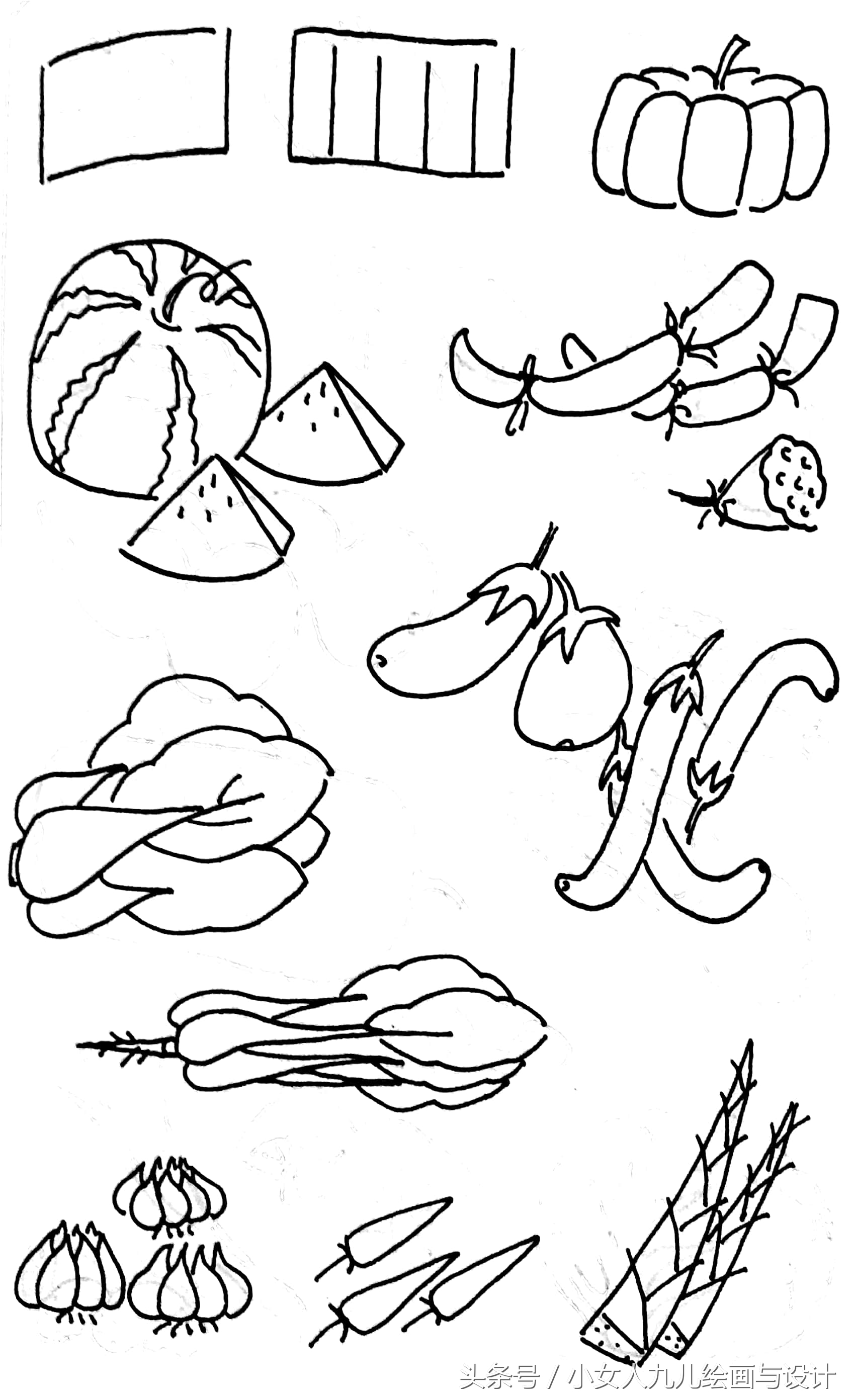 水果蔬菜简笔画线描组合,五六月应季水果和蔬菜简笔画