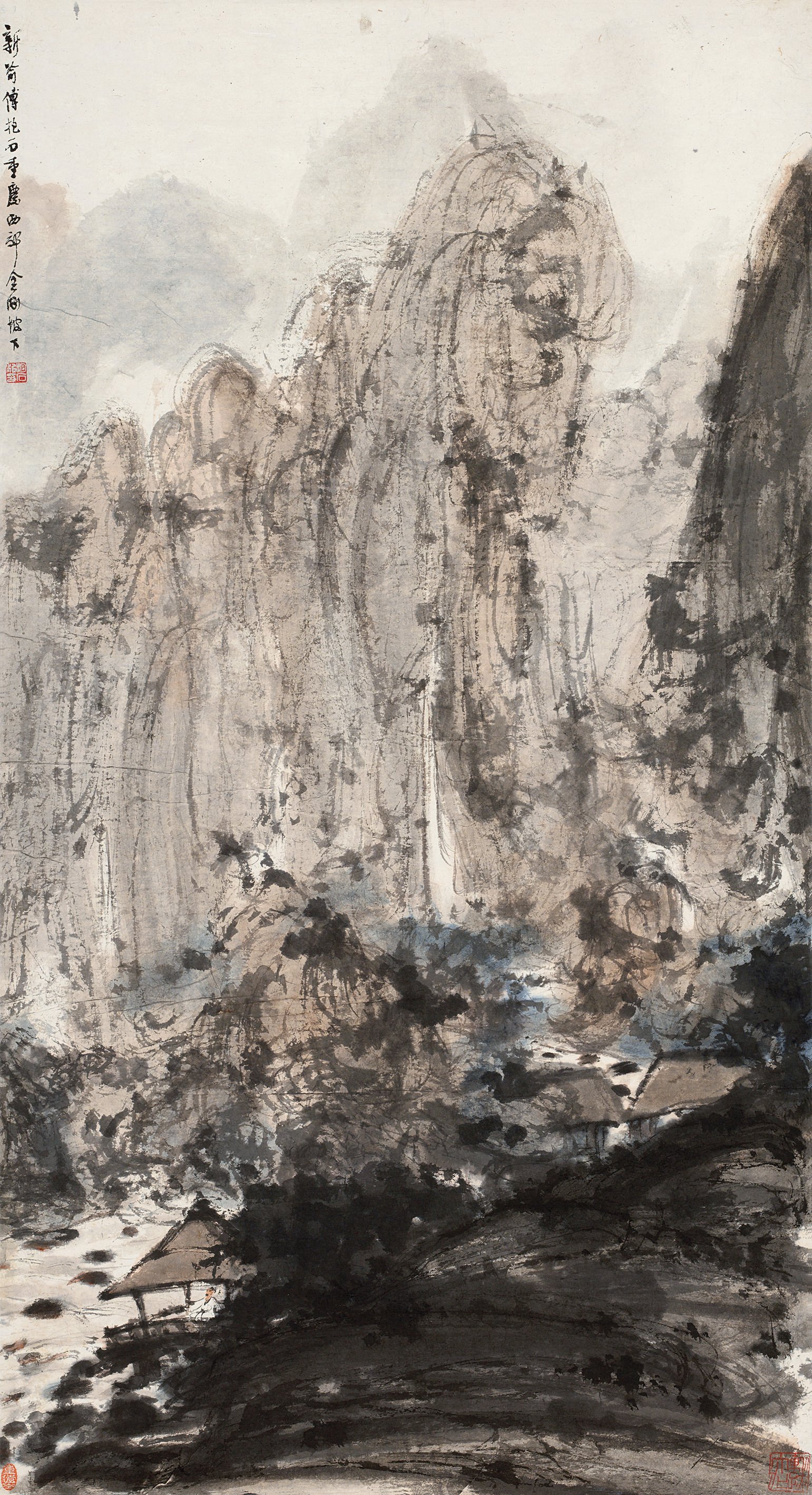 傅抱石创作国画天女散花图,傅抱石的国画作品《一望大江开》