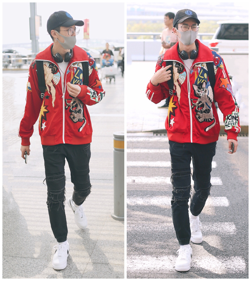 王鹤棣穿着皮衣外套配着西装裤,王鹤棣所有的时髦衣服都能驾驭