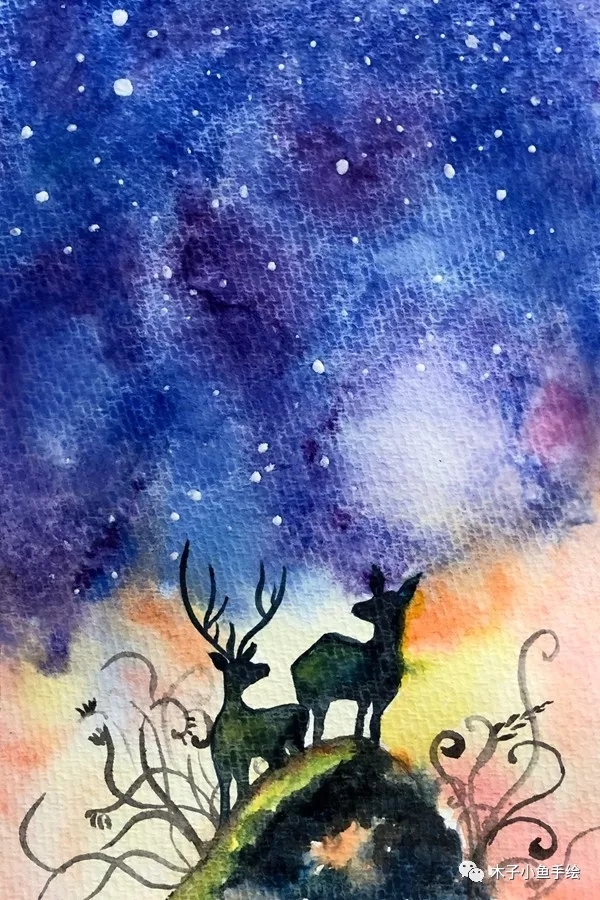 星空鹿水彩画画法,星空鹿水彩画教学