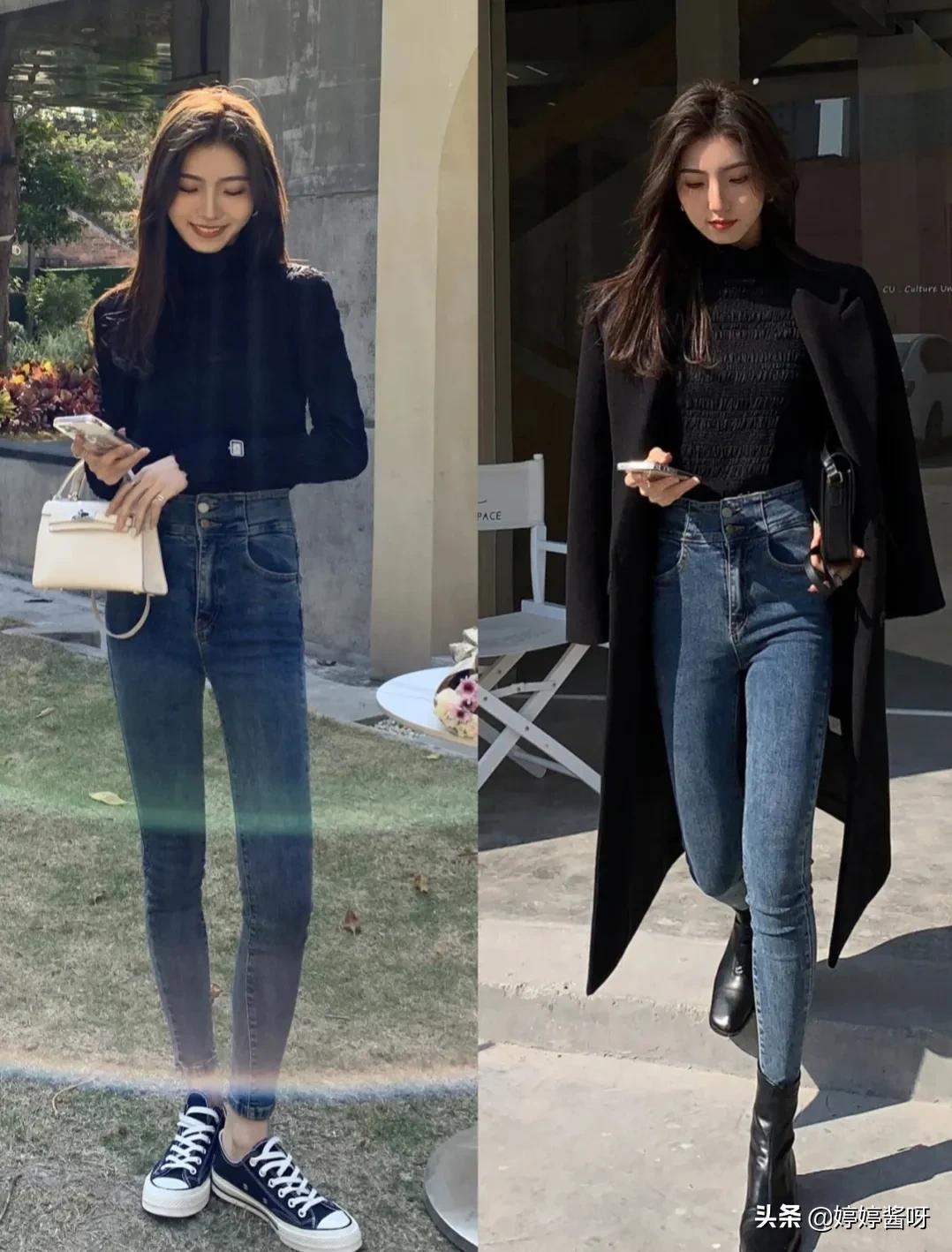 黑色皮衣内搭蓝色牛仔裤,黑色微喇开叉牛仔裤搭配什么外套