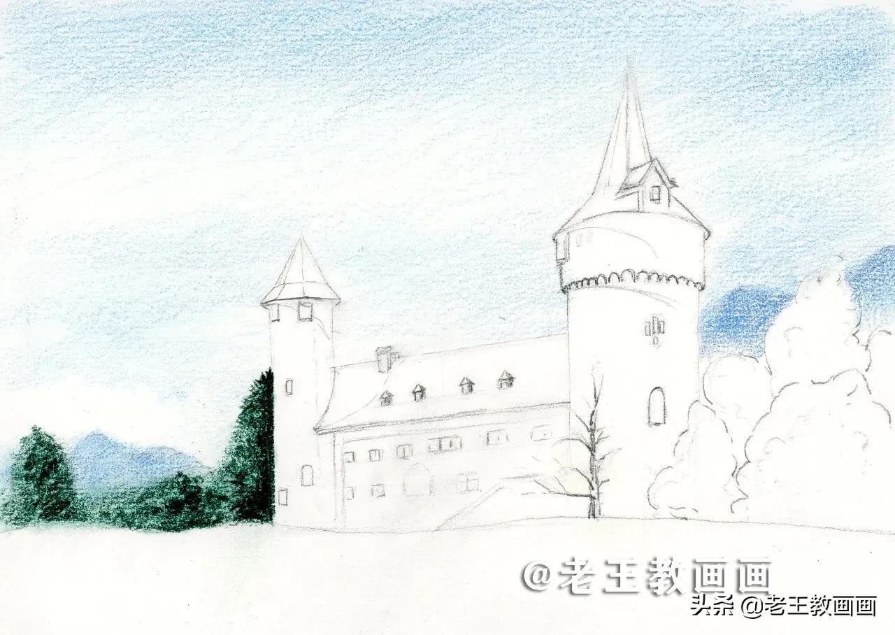 用彩铅画个梦幻城堡,用彩铅涂色城堡