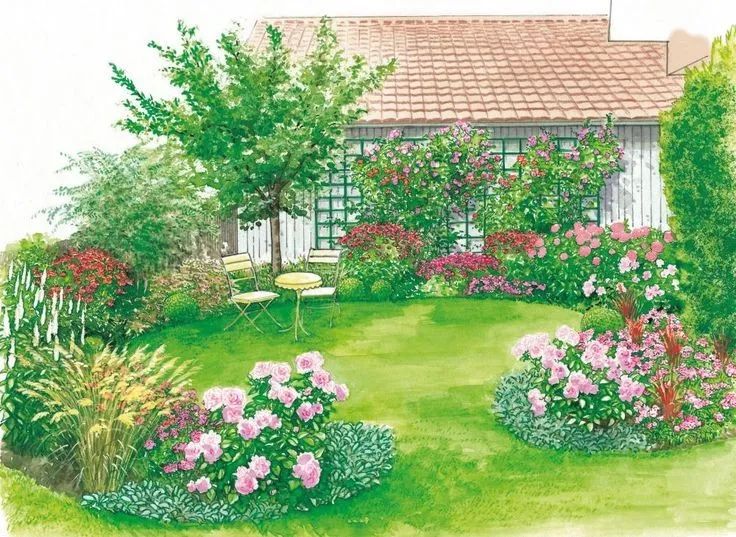 手绘清新小花园,日式庭院迷你小花园手绘