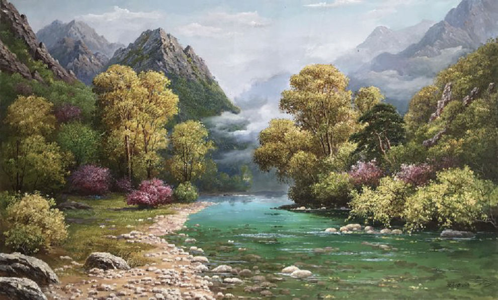 最新朝鲜风景油画图文,朝鲜大型山水风景油画图片集
