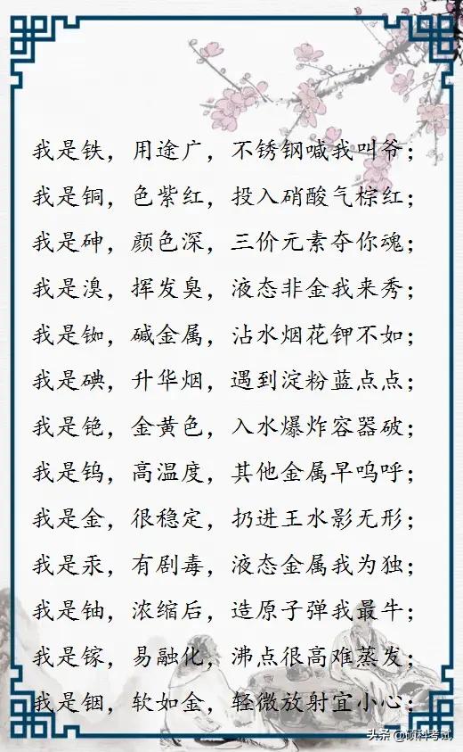 化学元素周期表口诀记忆法,初中化学元素周期表顺口溜完整版