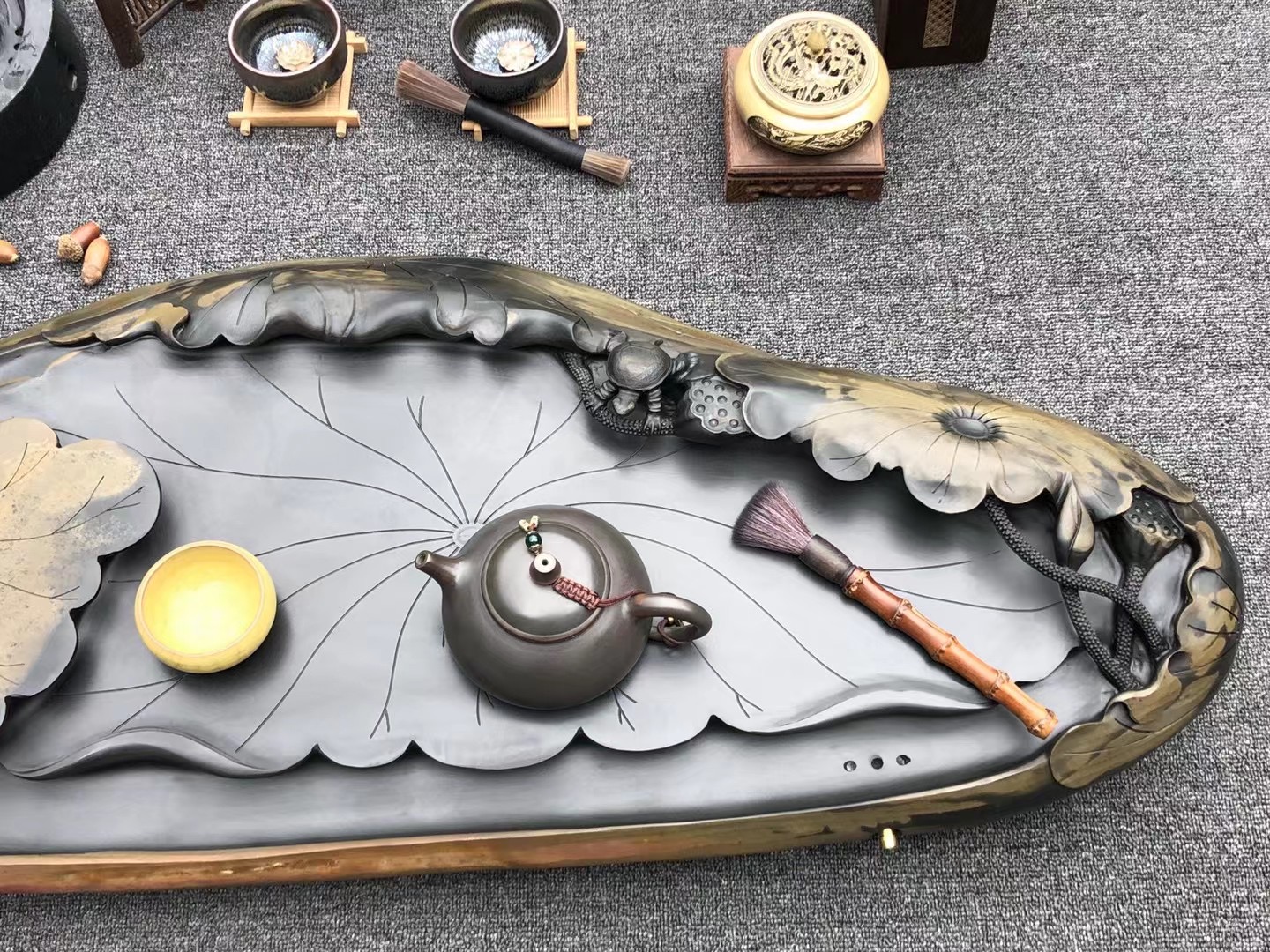 石头茶盘雕刻设计图片欣赏,大理石荷叶茶台雕刻