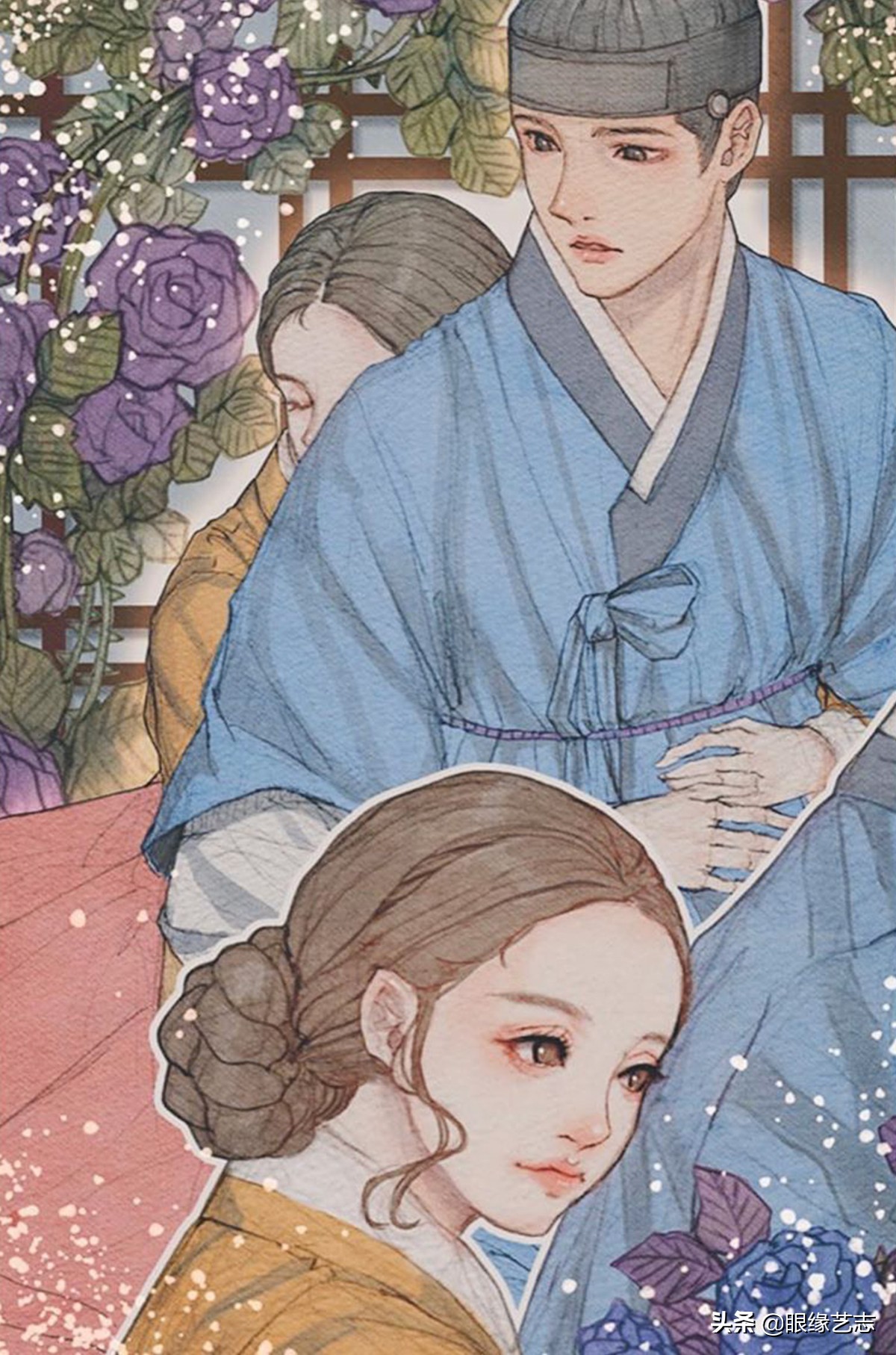 韩式穆夏风插画,韩国传统服饰插画