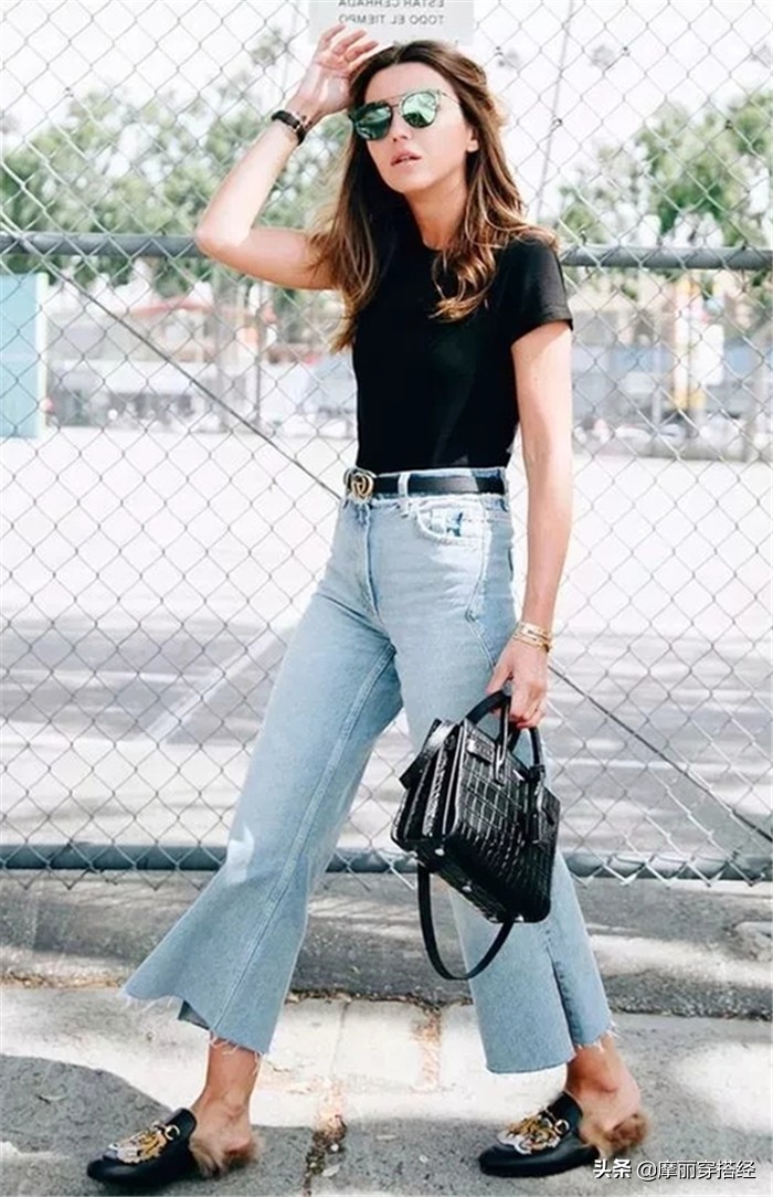 高腰牛仔阔腿裤搭配让土气变洋气,牛仔阔腿裤春季搭配