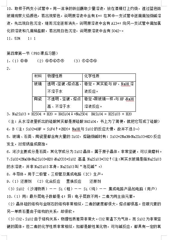 高中化学人教版必修一每章知识点,人教版高中化学教材习题答案