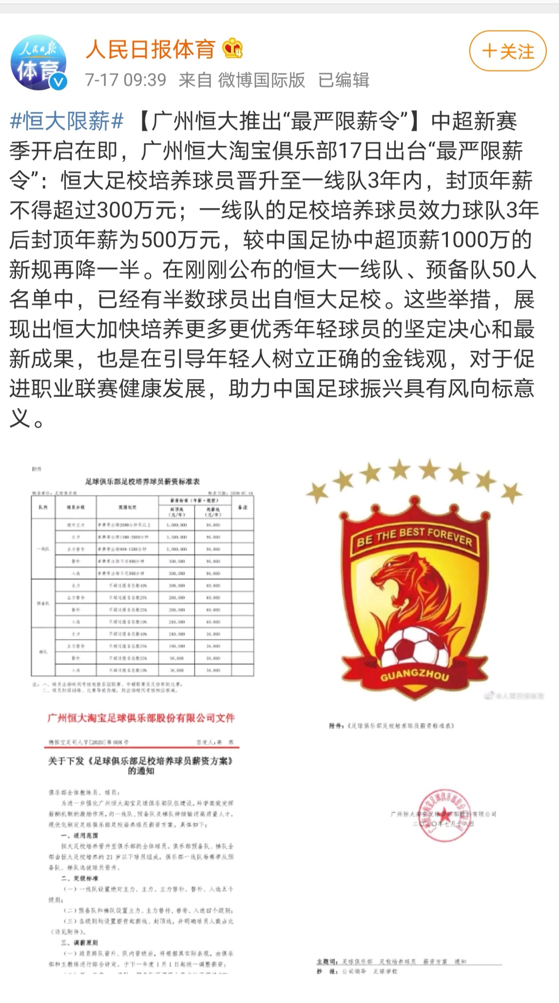 恒大青训球员年薪,恒大最新限薪标准