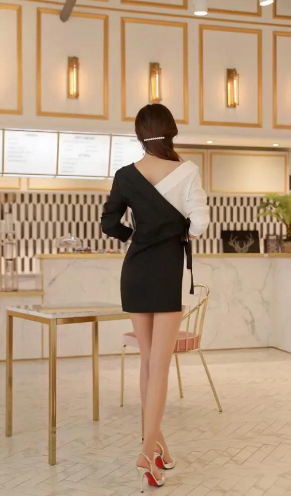 黑色拼接气质修身时尚百搭连衣裙,夏季女款蕾丝上衣黑白拼接