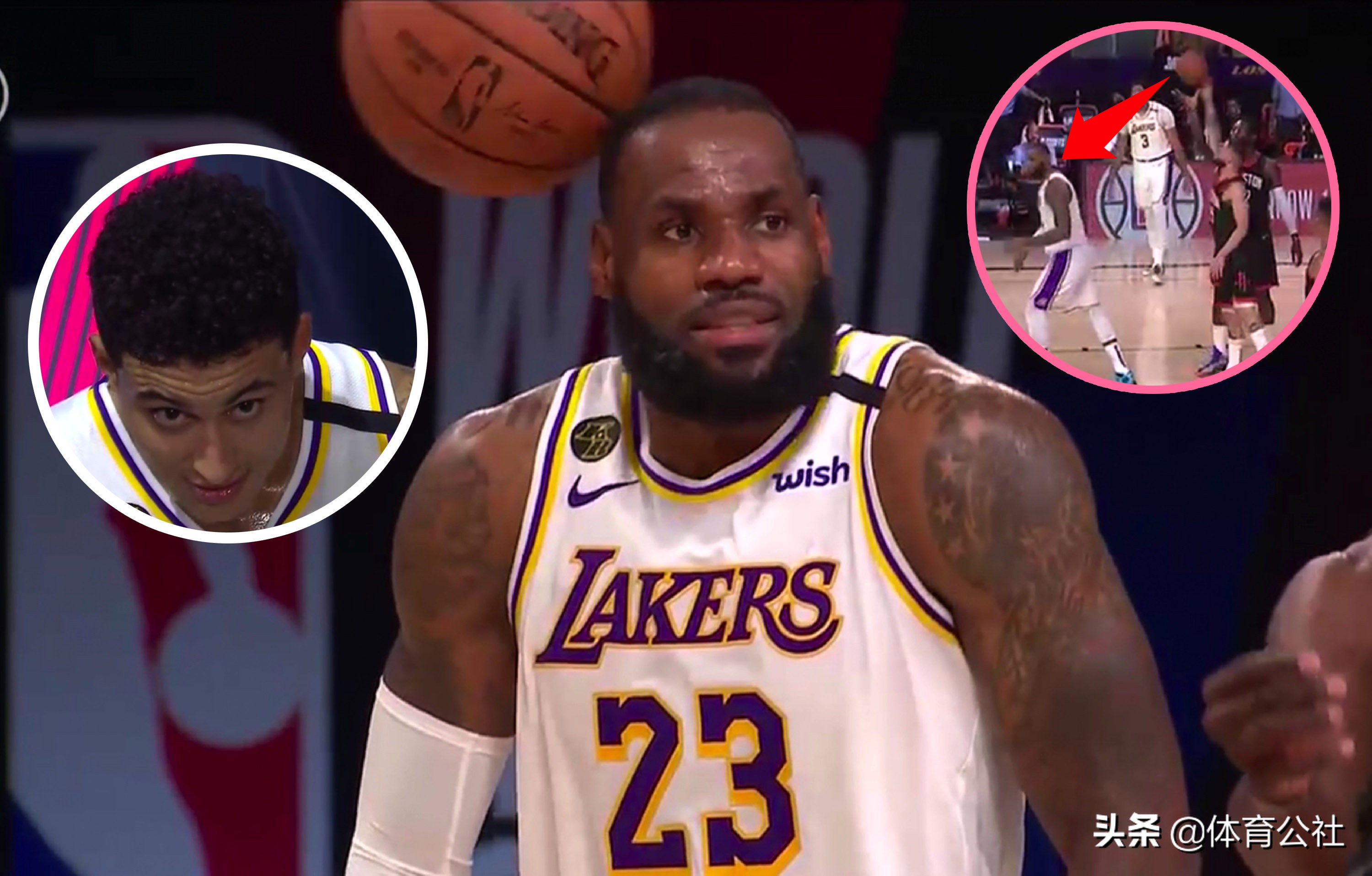 詹姆斯哈登被球砸,詹姆斯被球打库兹马偷笑