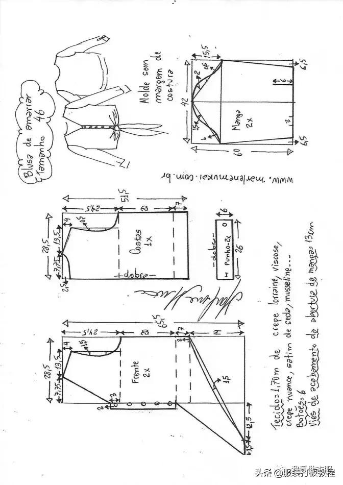 衬衣裁剪制图教程,绑带上衣裁剪纸样