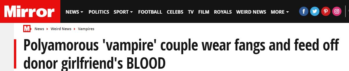 美国夫妻自称为吸血鬼国王及王后,靠每月吸食供血女友血液为生