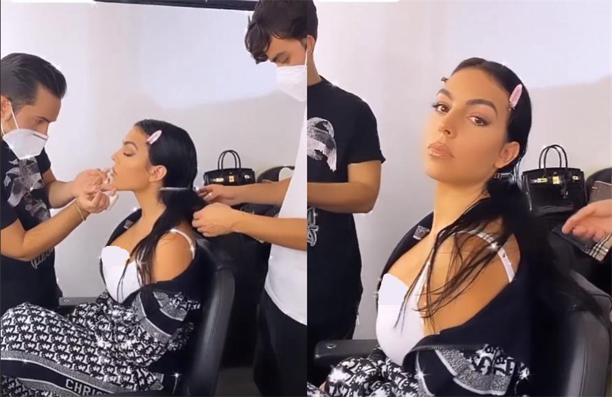 乔治娜穿蓝色衣服视频,乔治娜穿爱马仕拖鞋