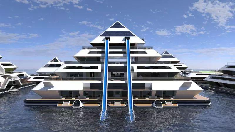 他在海上，建了一栋水上“金字塔”，里面有豪宅，还有飞碟
