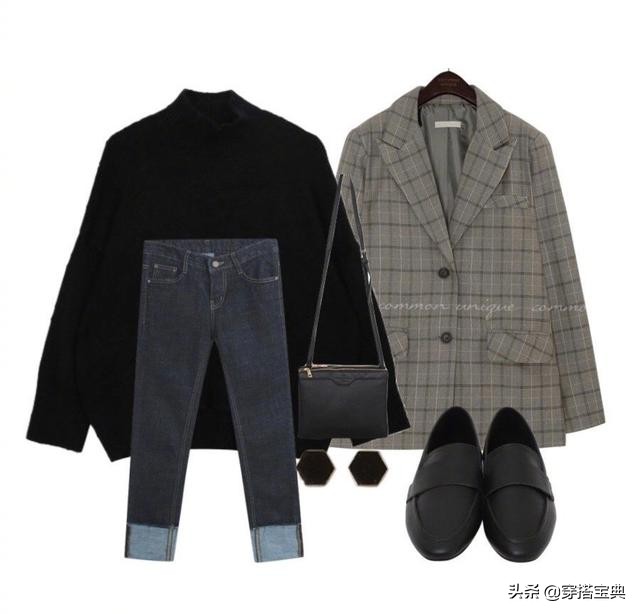 格子西装搭配灰色牛仔裤,男士灰色格子休闲西装搭配牛仔裤