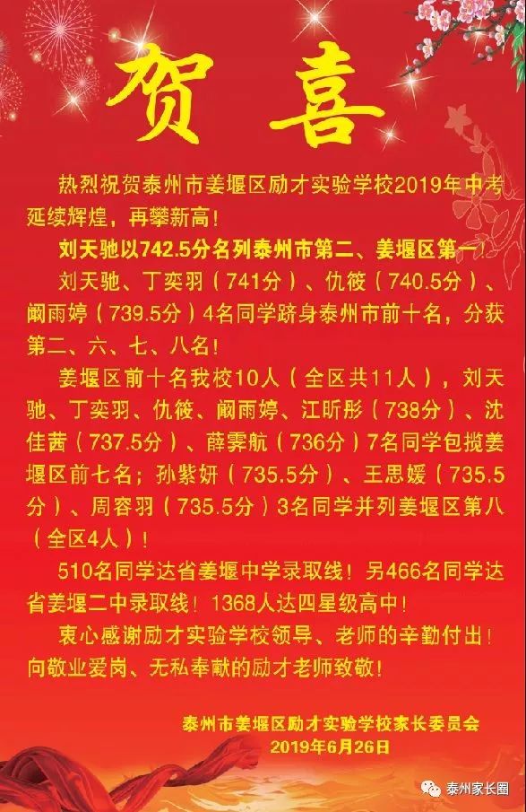 2019泰州市各高中喜报,泰州2021年各个学校喜报
