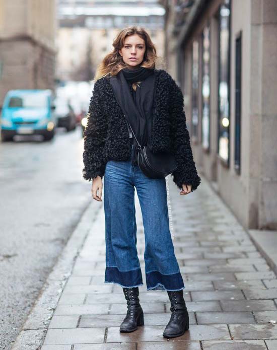 阔腿裤搭皮衣冬季搭配,秋冬阔腿裤黑皮衣搭配