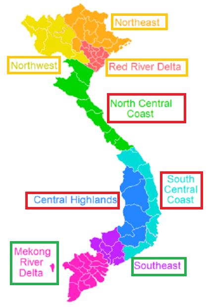 越南八大行政区划中文地图,越南八大区域面积