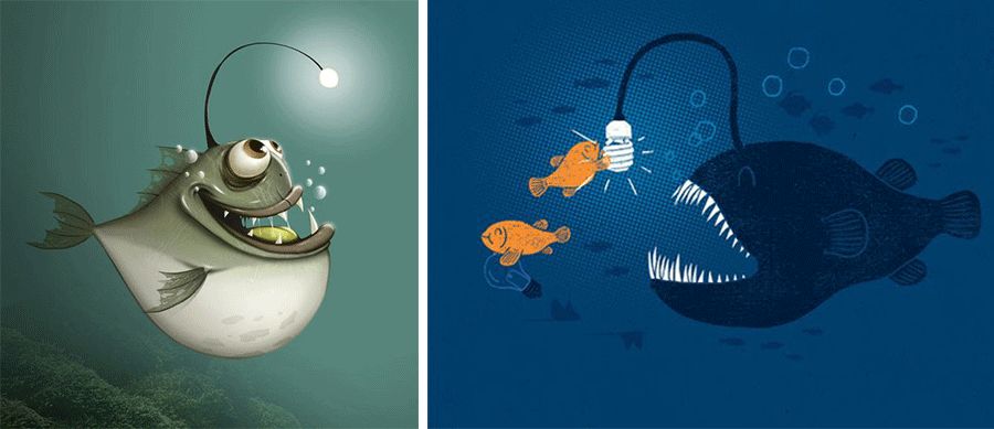 独一无二的创意儿童画灯笼鱼,大嘴灯笼鱼儿童创意画