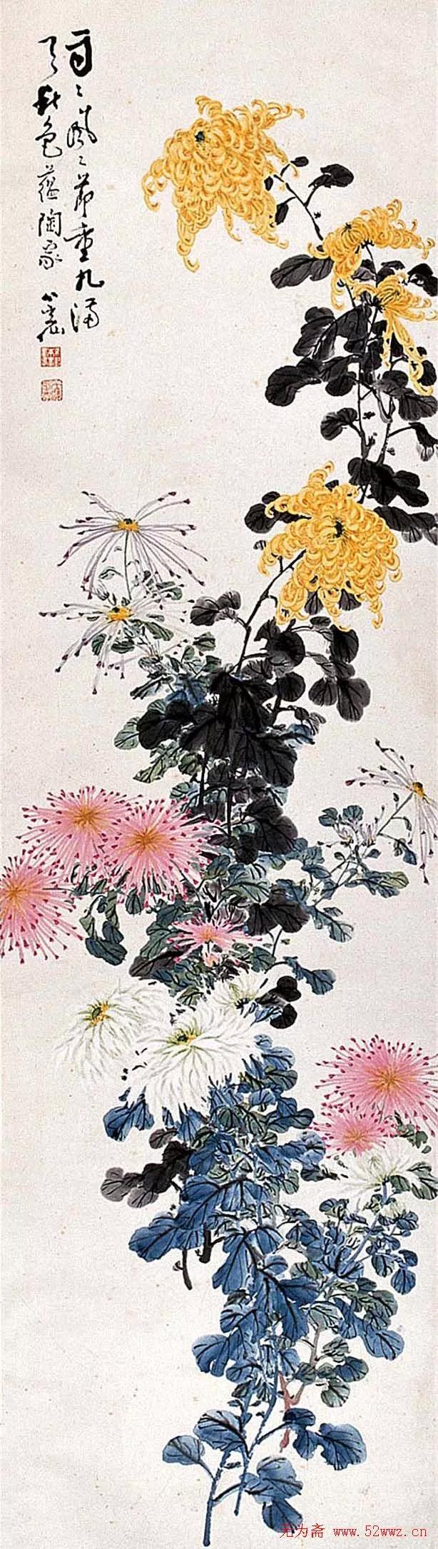 国画写意菊花精品100幅,吴昌硕的写意菊花高雅古朴之大美