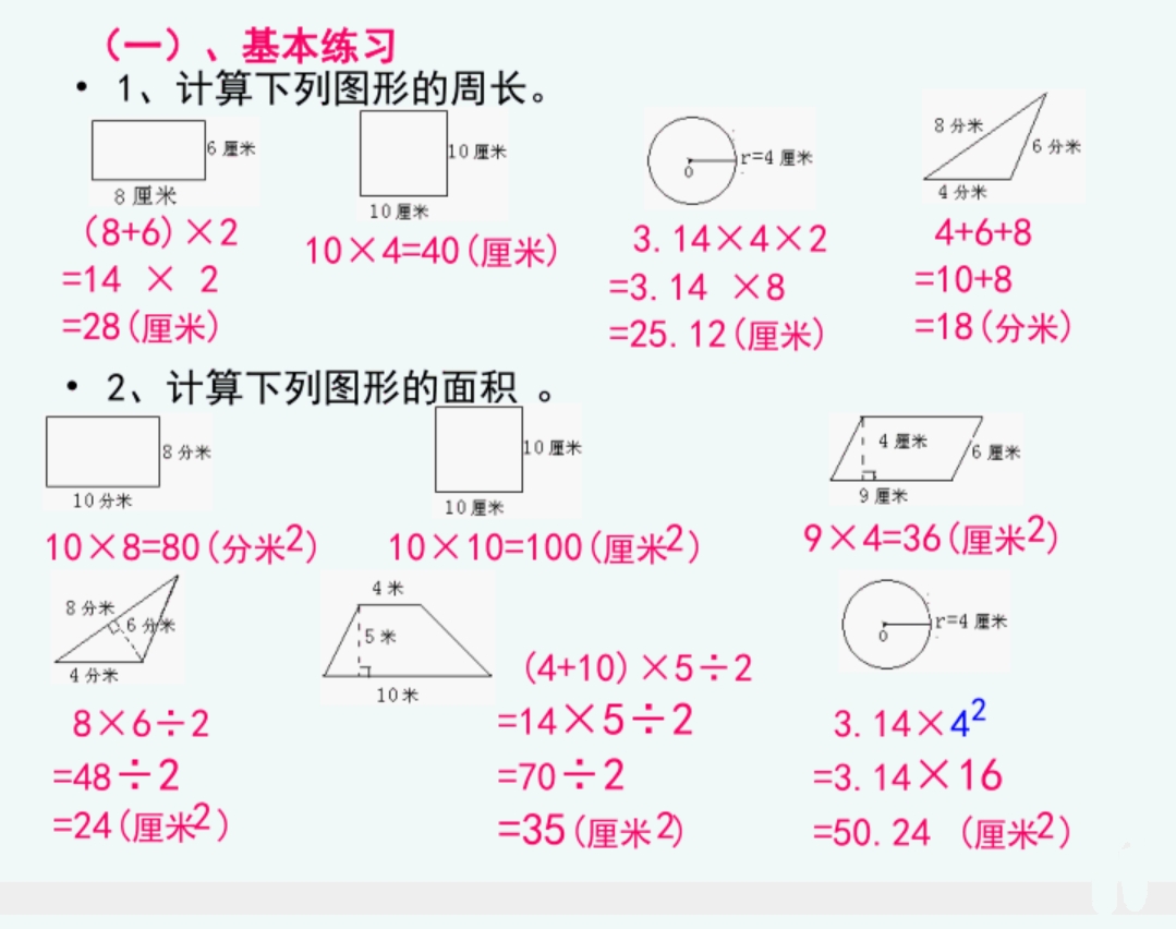 小学平面图形的周长和面积公式,小学平面图形周长与面积思维导图