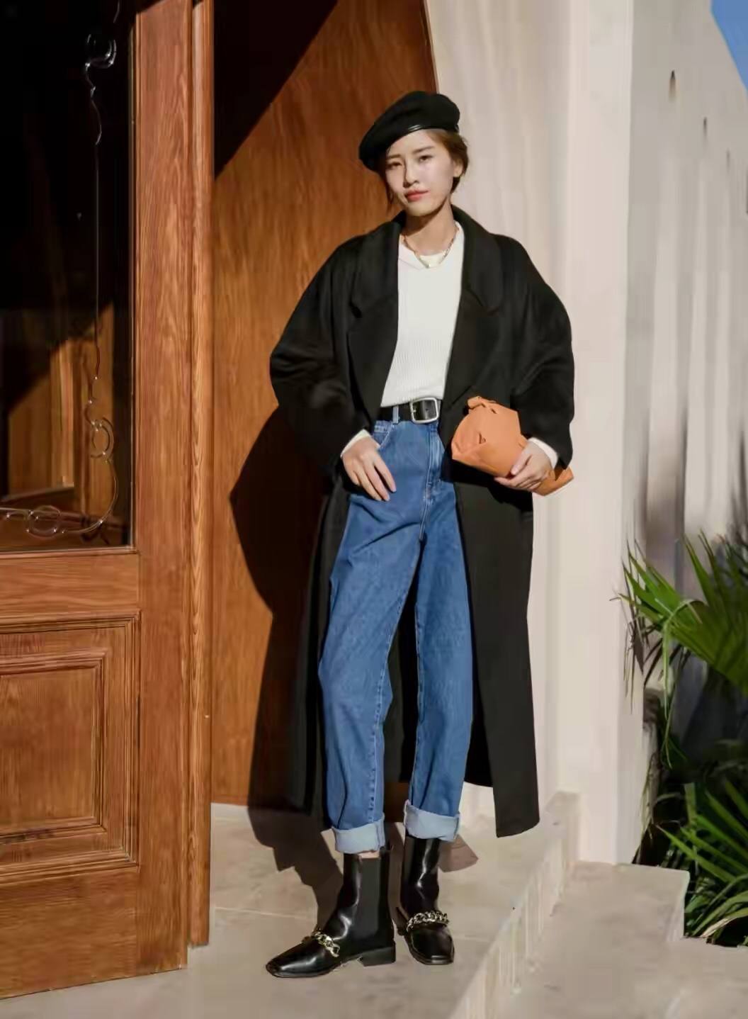 韩版黑色大衣穿搭高级感,冬季韩系大衣穿搭氛围感女