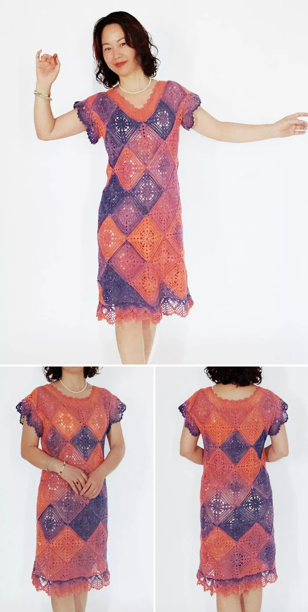 一线连钩成人连衣裙教程,拼花钩衣一线连