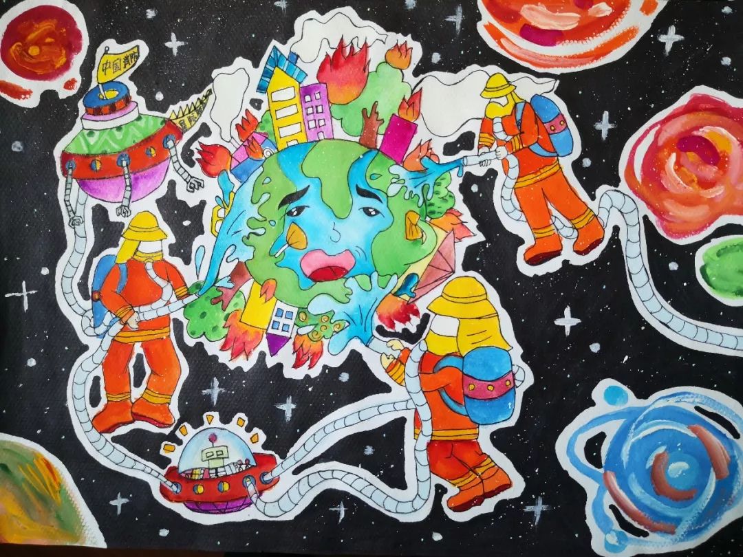 第五届全省儿童消防绘画,童心火焰蓝主题消防绘画一等奖