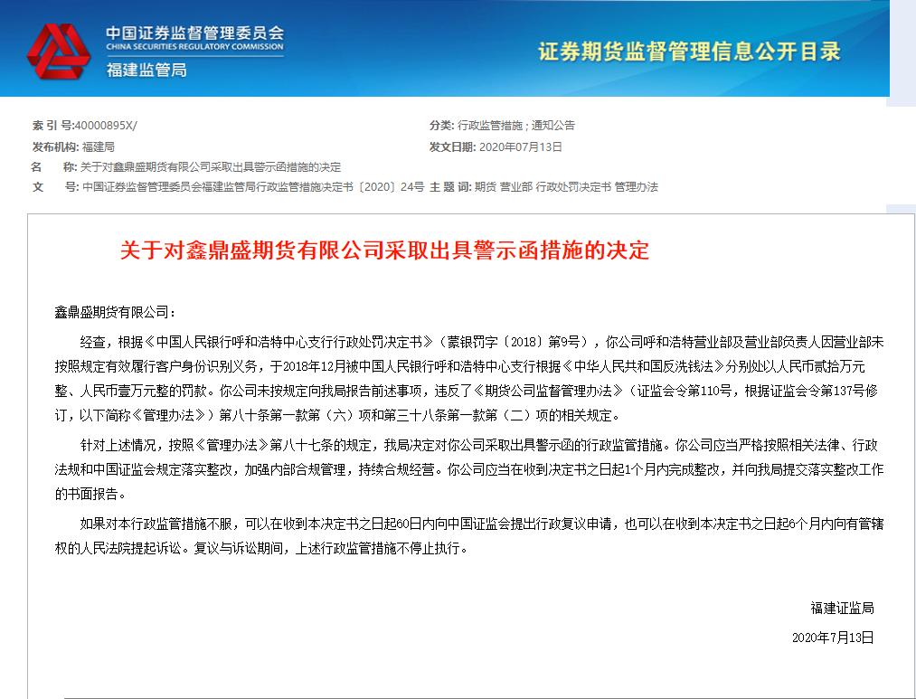 洞察｜未按规定报告，鑫鼎盛期货收证监会警示函！曾因具有“资金池”性质受中期协纪律惩戒