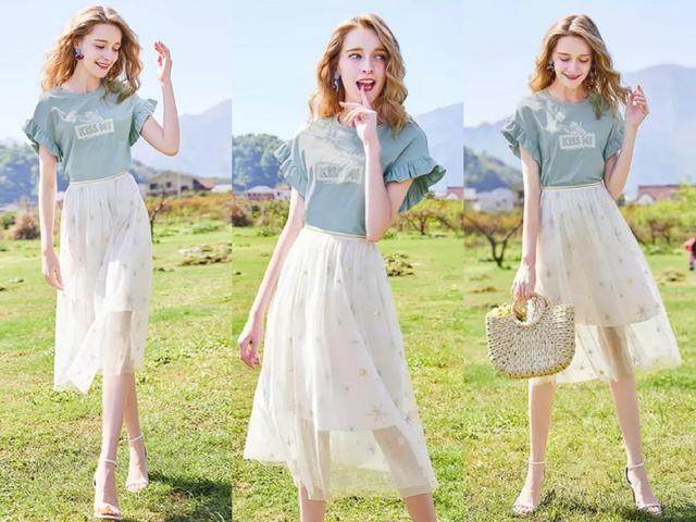 时尚夏季t恤半身裙套装,白色纱裙搭什么颜色的t恤好看