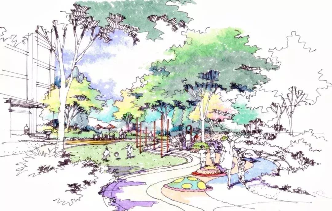 手绘效果图设计详解,干货五幅景观手绘效果图步骤图解