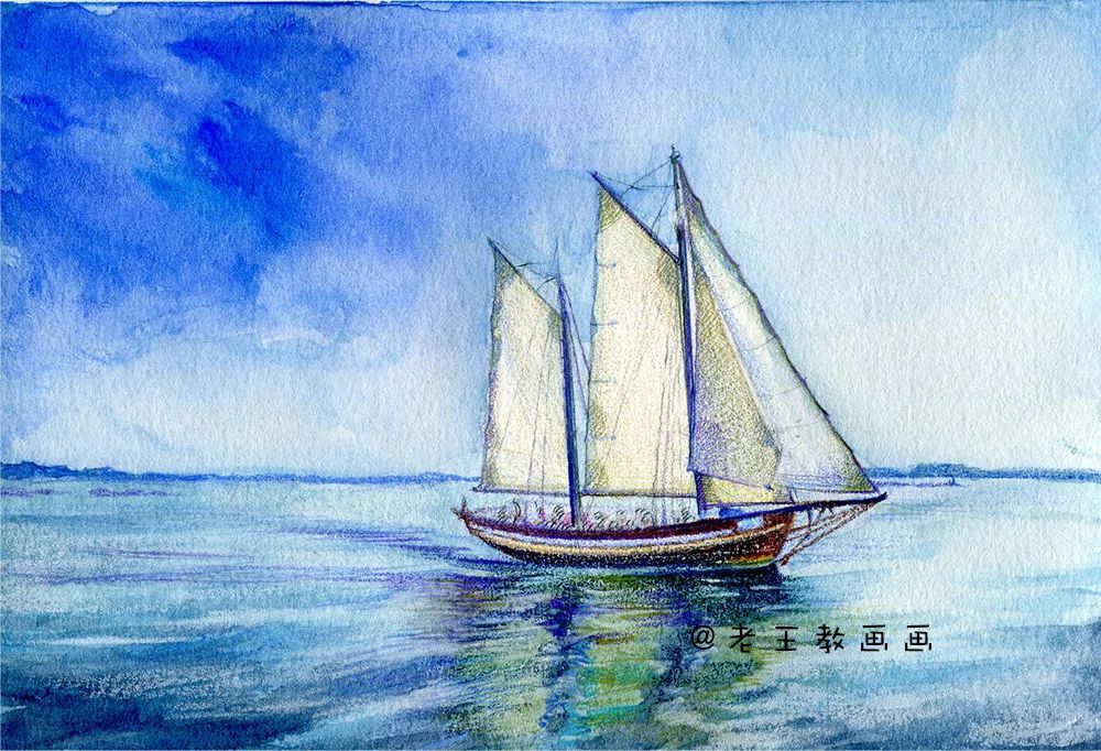 水彩教程来了，教你画海洋，天空和帆船